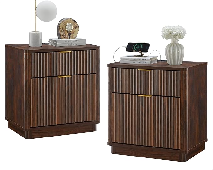 T4TREAM 23'' Fluted Nightstand Set of 2 with Charging Station, Large 2 Drawer Side Table, Modern End Table with Storage, Mid Century Bedside Table for Bedroom, Living Room, Curved Profile, Dark Walnut