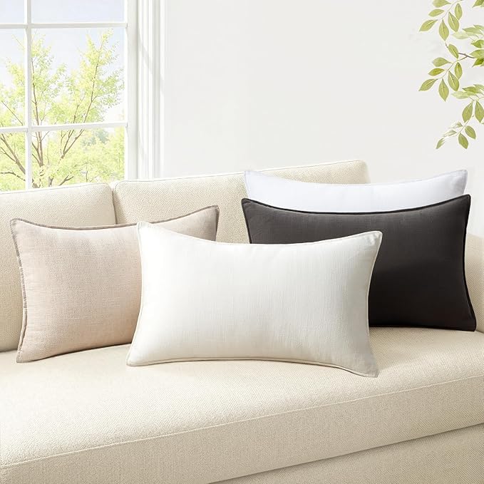 Couch Pillows Set of 4 Soft Linen Solid Lumbar Boho Cushion Cases with Flange Edge Design Mulit-Colour Pillow Covers Home Decor for Bed Balcony and Car Neutral Grey 12x20 Inch