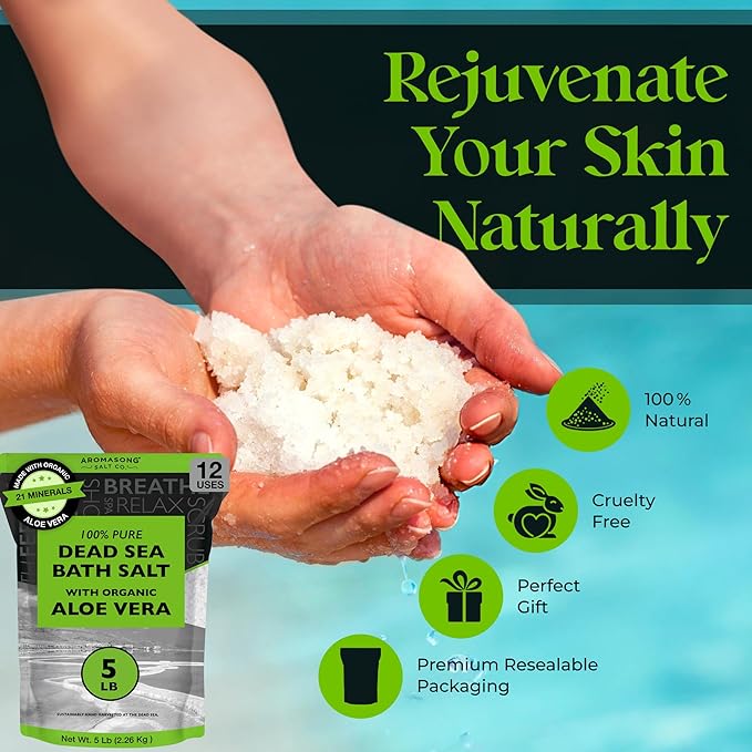 Aromasong Dead Sea Salt with Organic Aloe Vera, Spa Bath Salts, 5 Lbs Fine Bulk resealable Pack, 100% Pure & Natural, Soak for Women & Men for Tired Muscles & Skin Issues (Packaging May Vary)