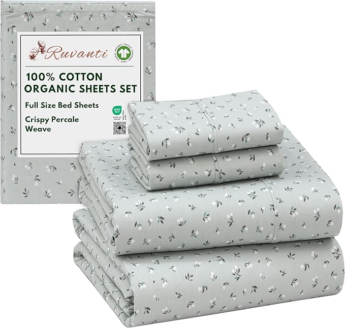 RUVANTI 100% Cotton Organic Percale Sheets Full Size – Crisp Cooling Bed Sheets for Hot Sleepers, Deep Pocket 15”, Soft Peach Finish, Breathable & Durable Hotel-Style 4 Pcs, Bud Club