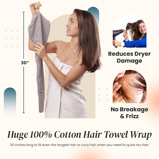 Extra Large Waffle Cotton Hair Towel Wrap - 30 inches Long, 400 GSM, Ultra Absorbent, Quick Dry Hair Turban for Women, Ideal for Long and Curly Hair, Perfect for Plopping (Grey)
