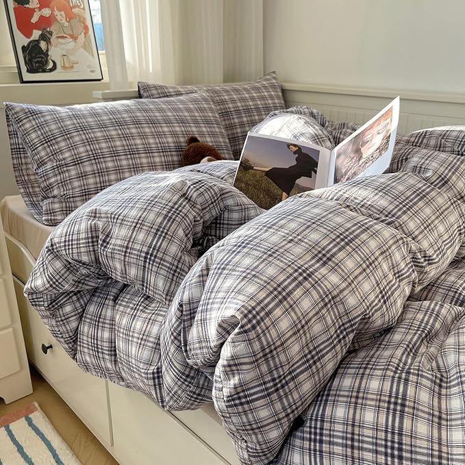 mixinni Queen Duvet Cover Set - 3 Piece Vintage Buffalo Plaid Bedding, 100% Washed Cotton Duvet Cover with 2 Pillowcases, Soft & Breathable Navy Beige White Geometric Grid Pattern for All Seasons