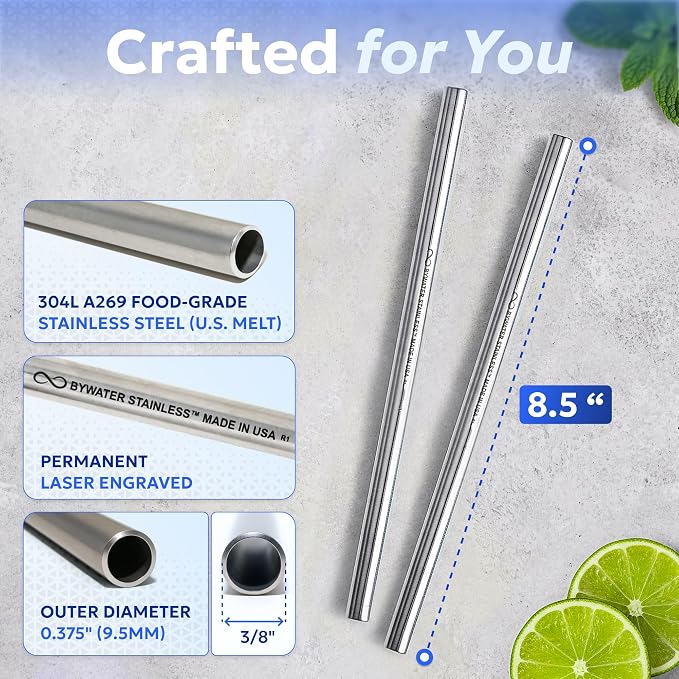 Made in USA 8.5" Stainless Steel Straw Set of 2 – FOR OPEN STRAW LIDS ONLY. Not compatible with flip style lids where straw inserts below lid.