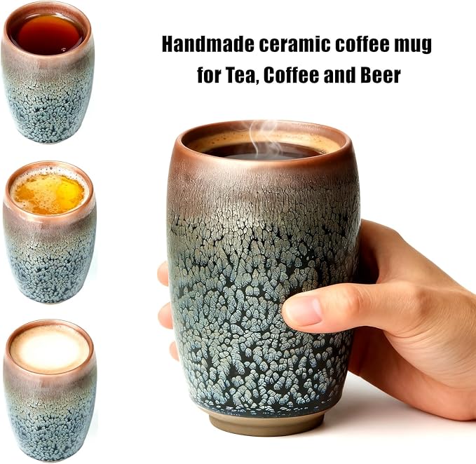Handmade Porcelain Coffee Mug no Handles, 12 oz, Flowers Glaze | Jianzhan Tenmoku Ceramic Tea Cup, Cylindrical, for Coffee, Beer and Tea, Art Gift