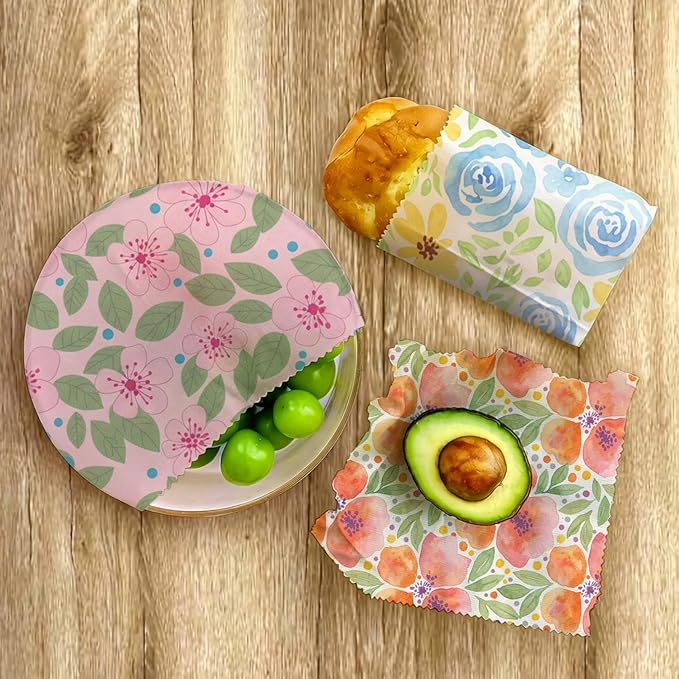 Reusable Beeswax Wraps, 9 Pack, Sandwich Snack Bowl Bread Cover, Organic Sustainable Zero Waste Plastic-Free Food Storage, 1XL 3M 5S, Watercolor Floral Patterns