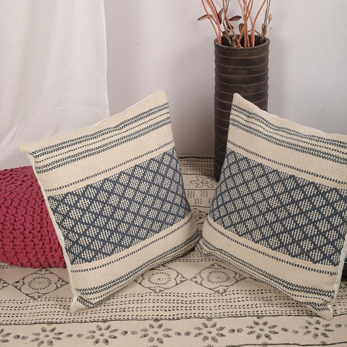 Trade Star Handloomed Pillow Cover Set of 2 Cushion Covers Decorative Cotton Throw Pillow Case Premium Quality Pillow Sham Farmhouse Decor 18x18 Inches