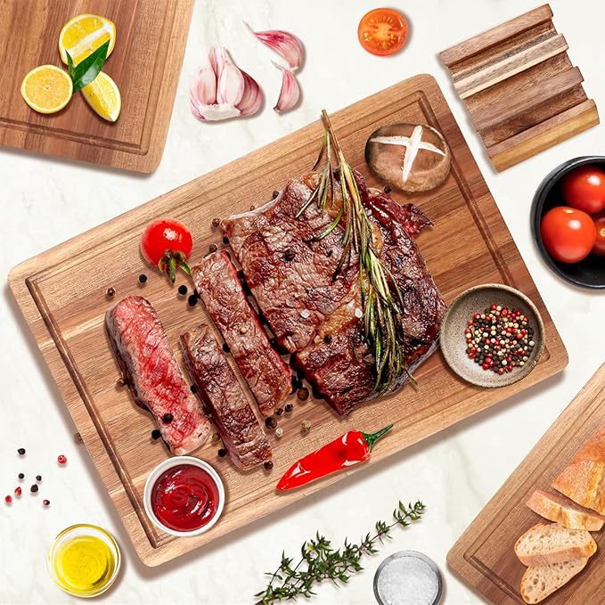 3 Pcs Acacia Wood Cutting Board Set with Holder Stand Meat Chopping Board Set Large Charcuterie Boards Solid Wooden Cutting Boards for Kitchen Decor Carving Butcher Block Bread Serving Cheese Board