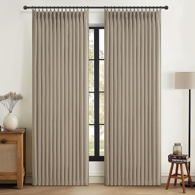 Custom Pinch Pleated Blackout 88 Inch Long Nursery Curtains 2 Panels Set, Light Brown Memory Shape Flax Linen Two Layer Insulated Noise Cancelling Cottage Core Windows Drapes for Kids Room Darkening