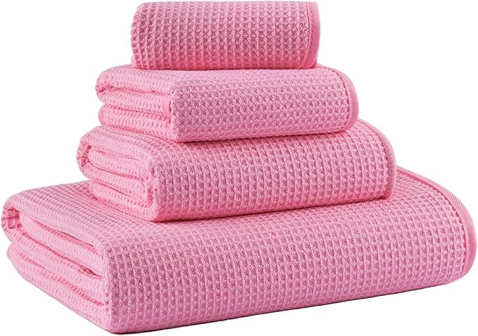 MICROFI Waffle Weave Bath Towel Set, Microfiber, 4 Pieces (Body/Hair/Hand/Face), Quick Dry, Lightweight, Super Absorbent, Lint Free, 380 GSM (Pink)