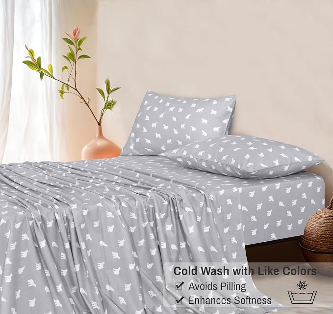 RUVANTI Flannel Sheets Full Size - GOTS Certified 100% Organic Cotton, 4 Piece Warm, Soft & Breathable Set, Deep Pocket Snug Fit, Double Brushed Cozy All Season Bedding, Baby Bear