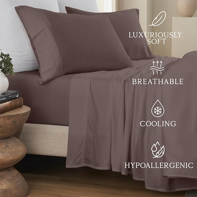 KARISSA MAE Pure Viscose from Bamboo Queen Size Pillowcase Set | 100% FSC Certified | Luxuriously Soft | Cooling | [Mocha]