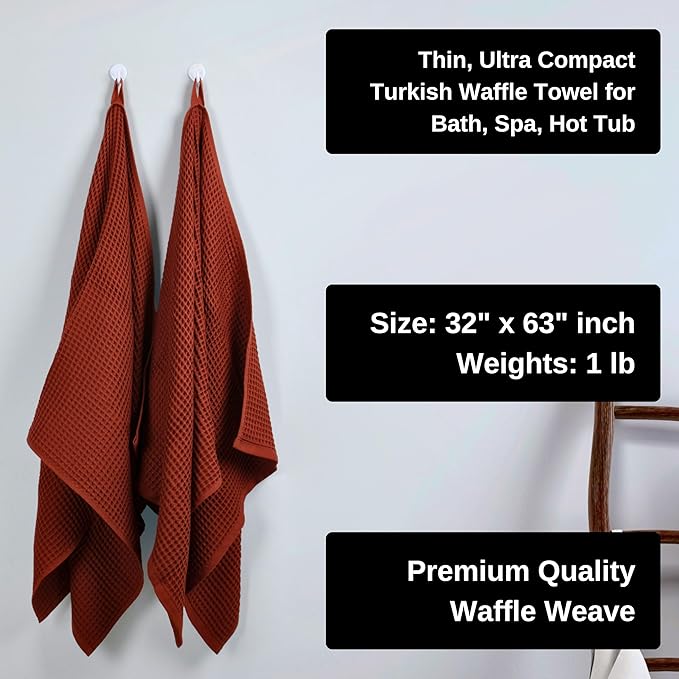 PÜSKÜL Pack of 2 Waffle Bath & Spa Towels - Premium 100% Turkish Organic Cotton - Quick Dry Thin Bath Towel for Bathroom - Made in Turkey (Brick, 32x63 inch)