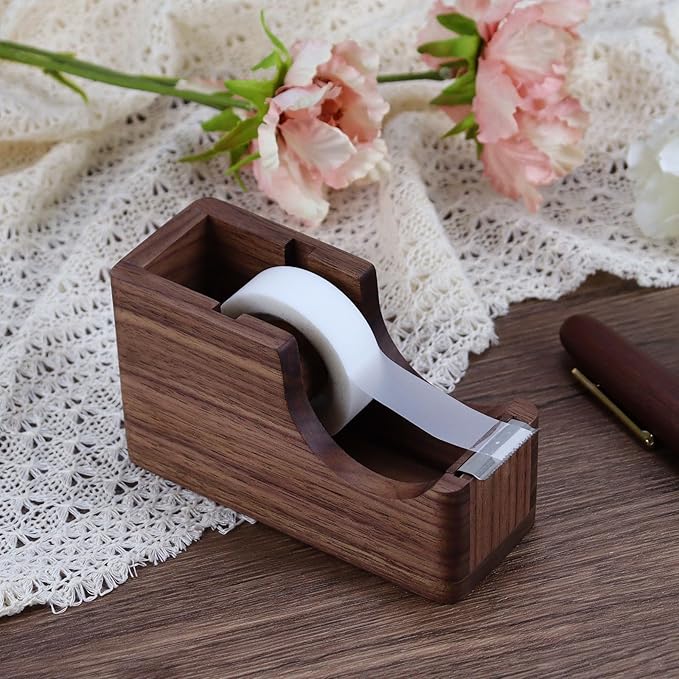 Buqoo Walnut Wood Tape Dispenser with Built-in Pen Holder – All-in-One Desk Organizer for Office/Home School