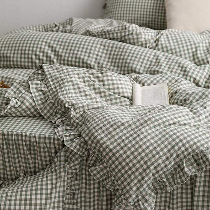 mixinni Green Gingham Ruffle Duvet Cover Full Size 3 Pieces – 100% Washed Cotton, Vintage Plaid Ruffled Bedding Set with Zipper Ties, Soft Checkered Grid Farmhouse Chic Comforter Cover Set