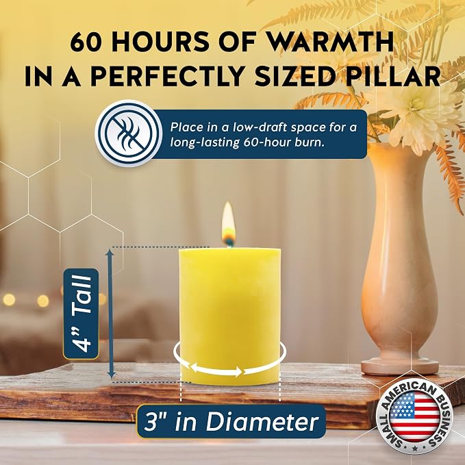 100% Pure Beeswax Candle – Long Lasting Burn – Non-Toxic & Hypoallergenic – Natural Honey Aroma – Handcrafted – Sustainably Sourced – Alternative Imagination – 3x4 Inch – Natural Yellow