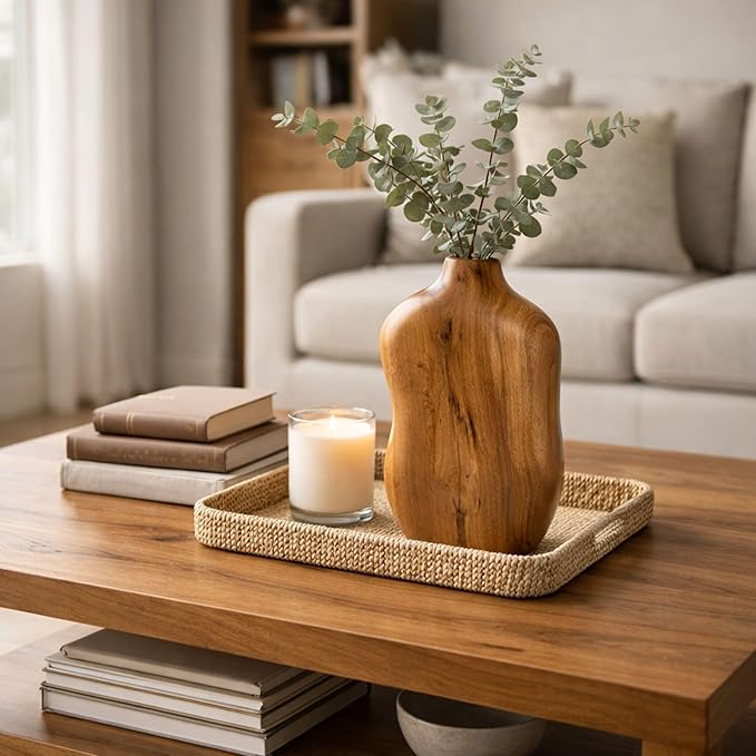 Wooden Decorative Vase, Teak Wood Vase for Home Decor, Farmhouse Boho Table Centerpiece for Living Room Dining Table (No Plants Included)