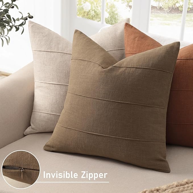 12x20 Pillow Covers Set of 2 Decorative Linen Lumbar Pillow Covers Solid handcrafted Striped Cushion Covers for Bed Soft Modern Farmhouse Neutral Pillowcase for Couch Bedroom Living Room (Coco Brown)