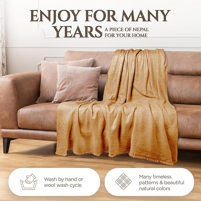 Cashmere Blanket – Hand Woven 100% Pure Wool Throw Blanket, 135 x 270 cm – Fine Herringbone Pattern Cozy, and Soft Blanket for Bed, Sofa, or Couch - Made in Nepal
