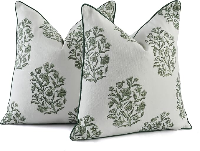 CPC Sage Green Block Print Throw Cushion Cover 18 x 18 Inch Set 2 - Decorative Boho Floral Pillow Case for Living Room, Bed, Sofa, Couch, Home Decor Cushion Cover Gift for Spring, Mother's Day