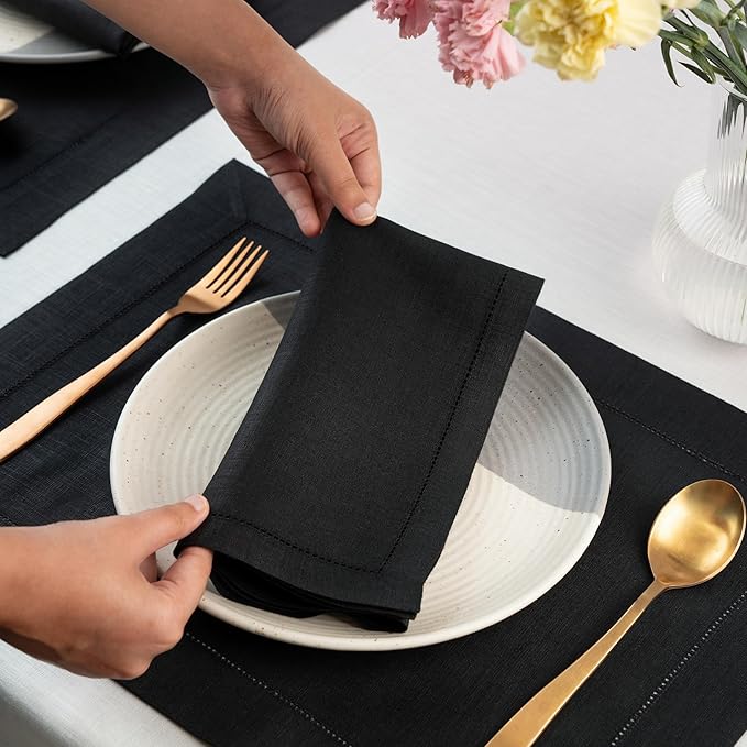 Signature Linen™ by D'Moksha Black Dinner Napkins Set of 4, 20 x 20 Inch Cloth Napkins, 100% Pure Linen, Hemstitch, Machine Washable Table Napkins- Summer, Father's Day
