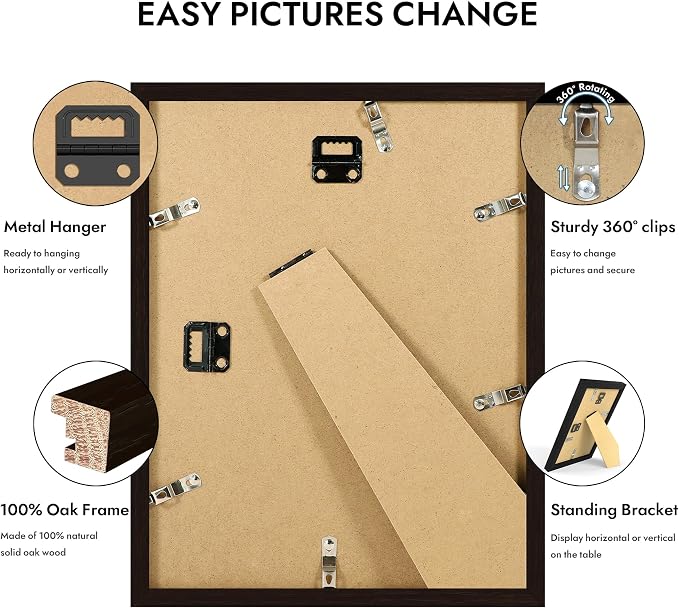 Hongkee 8.5x11 Oak Wood Picture Frame 1 Pack(Matted 6x8), Real Glass Cover | Black, 8.5 x 11 Solid Wood Frame for Wall or Tabletop Display - Includes Easel Back, Vertical Hang - Ideal for Home, Office