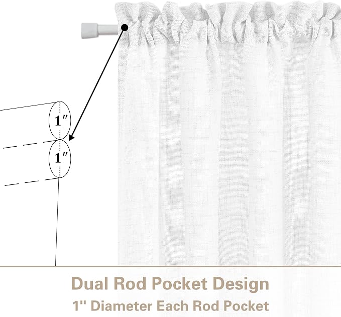 2 Pieces Linen French Door White Curtains W25 x L72 for Kitchen Bathroom Bedroom Glass Door Window Elegant Translucent Open Weave Light Reducing Flax Texture Drapes