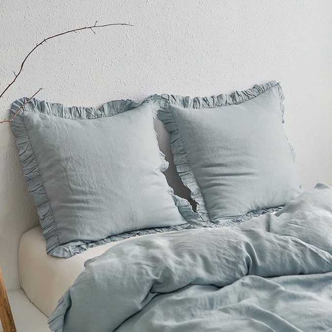 100% French Linen Euro Shams with Ruffles - Set of 2 - Washed Solid Color Natural Flax Soft Breathable Pillow Covers - Dusty Blue, 26'' x 26''