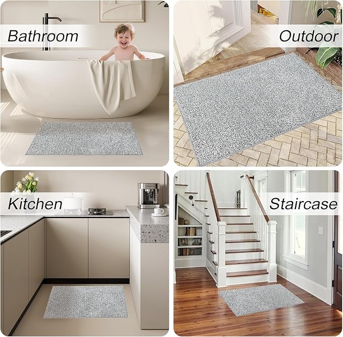 HDFK Bath Mat Non Slip 30x20 Inches Plush 2 Tone Chenille Medium Pile TPR Backing | Highly Absorbent Quick Dry Solid Light Gray | Shower Tub Floor Bathroom Rugs for Decor Modern Home