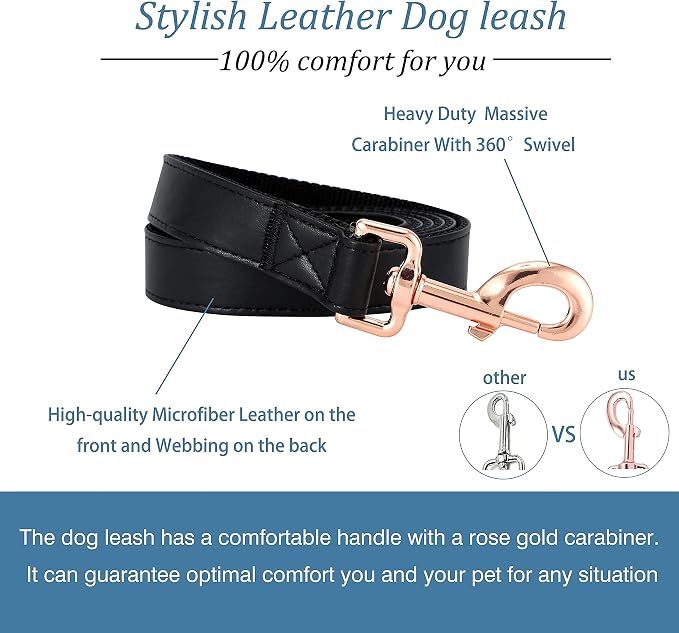 Dog Collar and Leash Set.Soft and Easy to Clean Vegan Leather with Rose Gold Metal Buckle for Small Medium Large Dogs (Black, L(15.4”-24.8“)