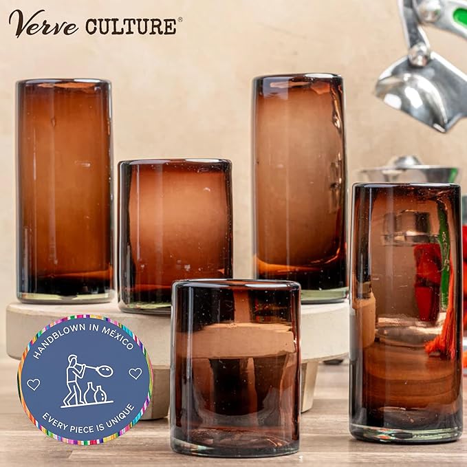 Verve CULTURE Mexican Hand Blown Drinking Glasses, Unique Handmade Glassware, Short Tamarind Glass Cups for Cocktails, Juice, Mixed Drinks, Elegant Tabletop Drinkware, Set of 4, 13oz. Each
