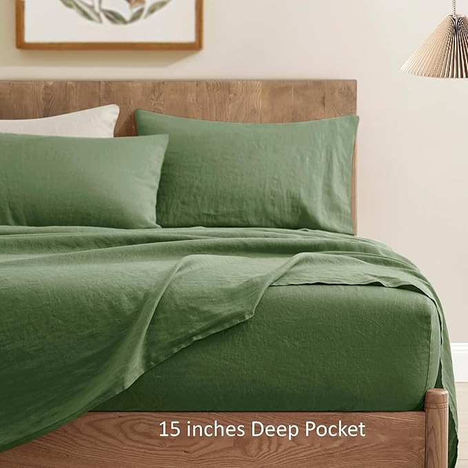 ATLINIA 100% Pure Flax Linen Bedding Set - Stone Washed French Linen Fabric Deep Pocket Fitted Sheet Farmhouse Flat Sheet 2 Pillowcases (Green, Queen)
