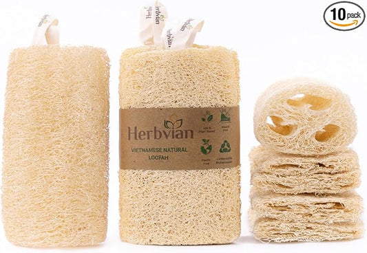 Natural Vietnamese Loofah Sponge, 100% Plant-Based Luffa Exfoliating Body Scrubber for Shower, Multi-Functional for Kitchen, Ideal for Men & Women, Spa & for Pet (6pcs/Pack)