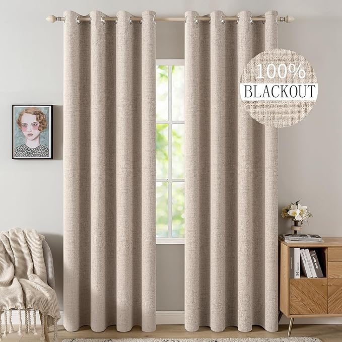 MIULEE 90 Inches Linen Textured Curtains for Bedroom 100% Blackout Thermal Insulated Natural Beige Grommet Room Darkening Curtains & Drapes Luxury Decor for Living Room Nursery 52 x 90 Inch (2 Panels)
