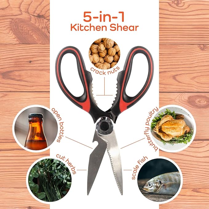 BambooMN Bamboo Cutting Board - 13" x 9" x 0.40" w/Kitchen Scissors Set (Scissor & Peeler) - Red & Black - 10 Sets