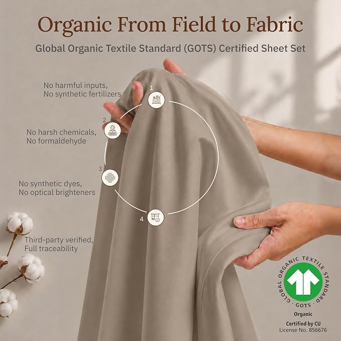 California Design Den California King Sheet Set - 100% Organic Cotton, Soft and Lightweight Sateen, Deep Pockets, Durable Sheet & Pillowcase Sets - Warm Taupe