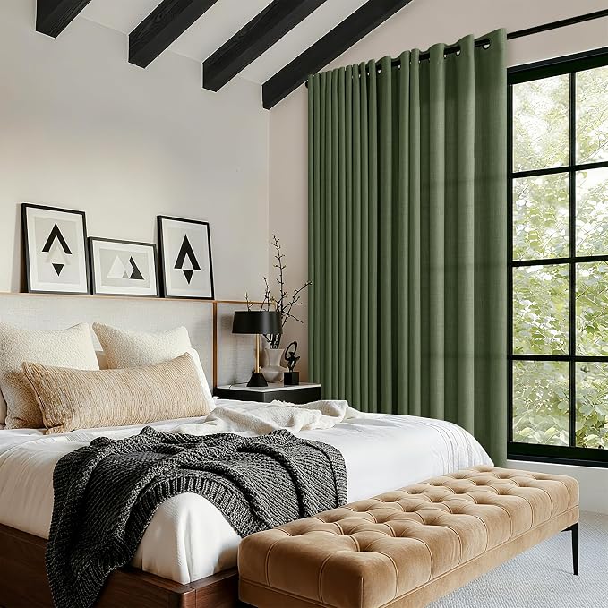 Dark Olive Green Curtains 90 Inches Long Semi Sheer Light Filtering Faux Linen Bronze Grommet Drapes Elegant Bohemian 90 Inch Length Curtains for Living Room Bedroom 2 Panels Set Moss Green
