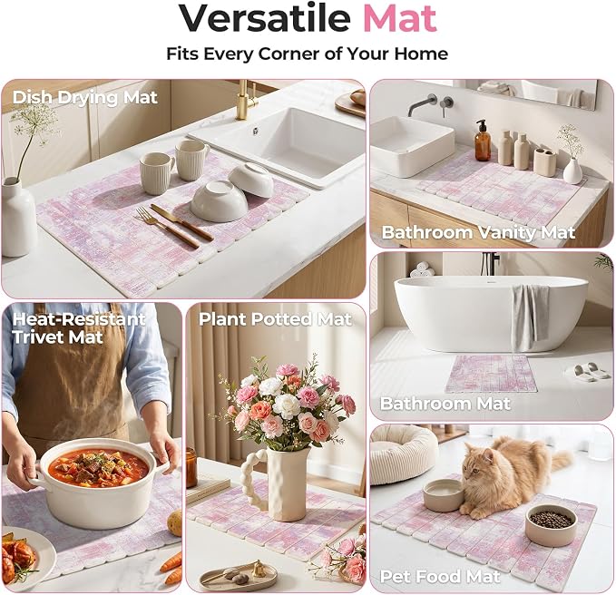 Findosom Large Stone Dish Drying Mat for Kitchen Counter, 23.6" × 15.3" Foldable Non-Slip Stone Drying Mat with Abstract Pattern, Heat Resistant Diatomaceous Earth Mat for Bath, Dishes, Cups, Pink