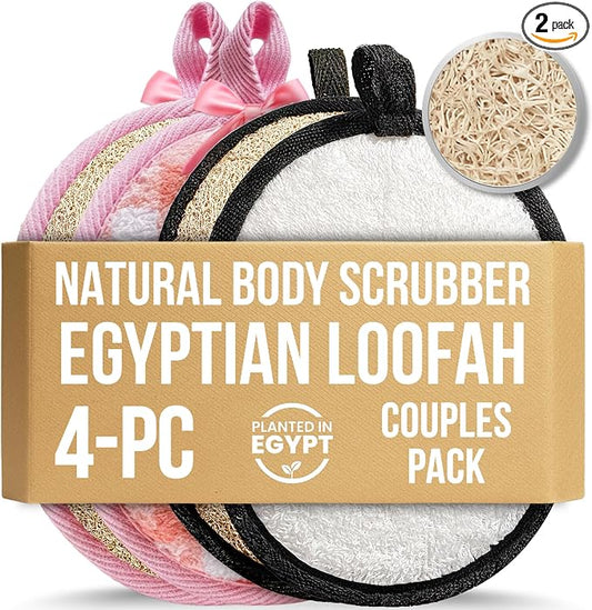 SERRENTO Couples Loofah Body Scrubber Set, Natural Shower Sponge, 4 Count