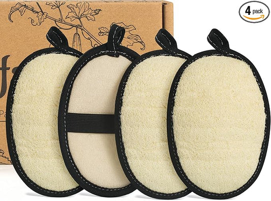 SAMEBUTECO 4 Pack Natural Loofah Body Scrubber-Exfoliating Bath Loofah Set with Black Edging and Hanging Loops for Men and Women,Ideal for Pore Cleansing,Shower,Skin Smoothing