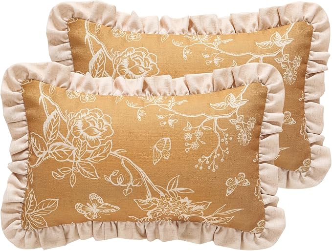 ISAENNE Design Rectangular Floral Linen Throw Pillow Covers 12"x20" Pack of 2, Ginger Simple Elegant Flower Pattern Cushion Covers Decor Pillowcases for Bed,Living Room,Outdoor,Car