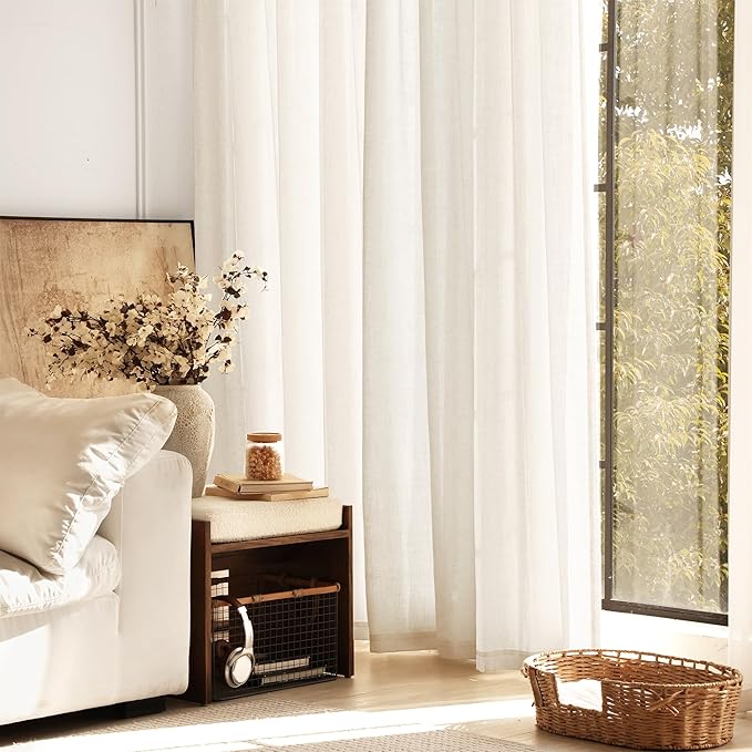 102 inch Long Linen Curtains 2 Panels for Living Room Back Tab Cream Ivory Light Filtering Semi Sheer Curtain 102 inches Long Boho Farmhouse Linen Drapes Floor to Ceiling Length 8 FT 60x102