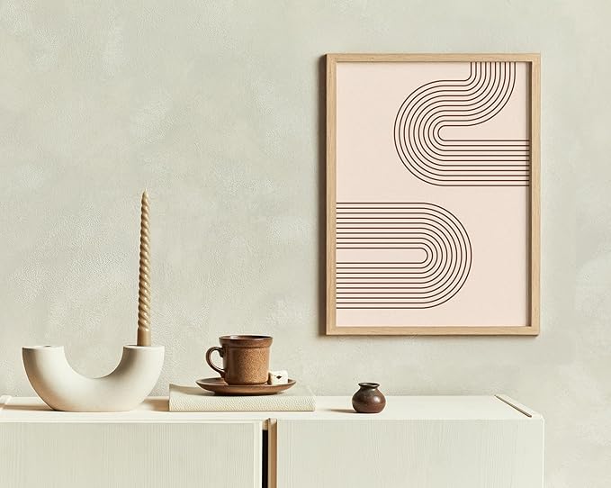 Abstract Double Wavy Arch Wall Art Minimalist S-Shape Lines Earth Tones Terracotta Brown 11x14 Inch Oak Wood Beige Framed Boho Geometric Print for Modern Living Room Decor