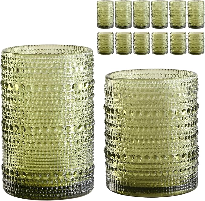 ZMOWIPDL Vintage Glassware Drinking Glasses Set of 12,Green 12oz & 15oz Hobnail Glass Cups,Embossed Water Tumbler,for Beer,Cocktail,Whiskey,Juice and Various Mixed Drinks- 1 Cleaning Brush