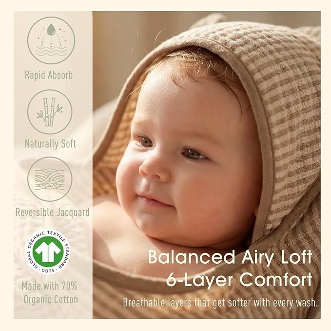 4-Piece Muslin Baby Towel Set - Made with Organic Cotton, (2) 6-Layer 32x32 Towels & (2) Washcloths, Bath, Beach & Pool Gift Set (Neutral Sage Mix)