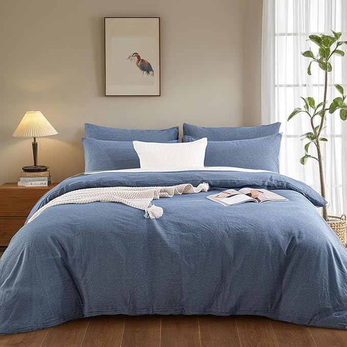 NEXHOME PRO Duvet Cover Full 100% Washed Cotton, Heathered Blue Breathable, Durable, Textured, Linen Like, Home Bedding Set 80"x90"