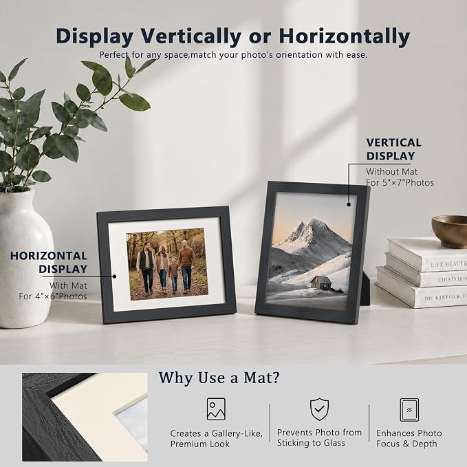 VCK 5x7 Picture Frame Black 3 Pack, Wide Border Solid Wood, Tempered Glass, Display 4x6 Photo with Mat or 5 x 7 without, for Home, Office, Gallery, Woodgrain Series, Tabletop & Wall Hanging