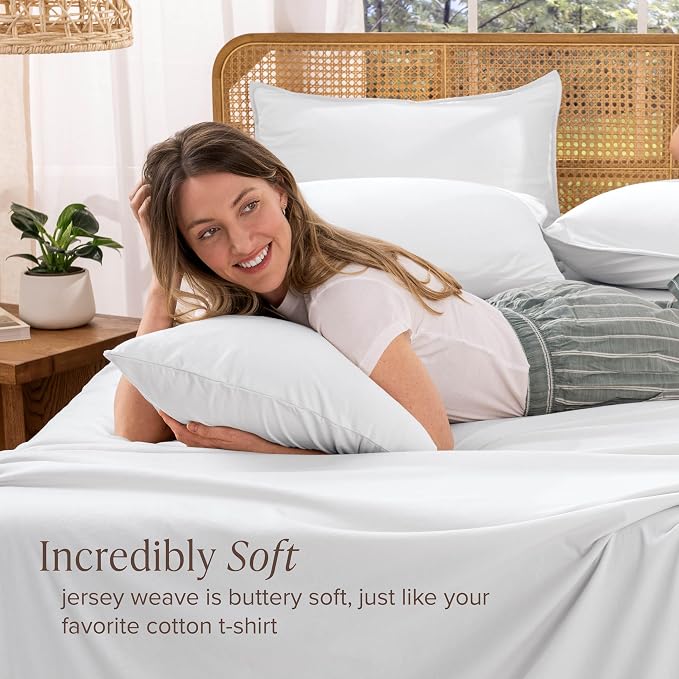 Bare Home 100% Organic Cotton Jersey Sheet Set, Ultra Soft, 100% Cotton - Sheet Set & Pillowcase - Deep Pocket Bed Sheets (Twin XL, White)