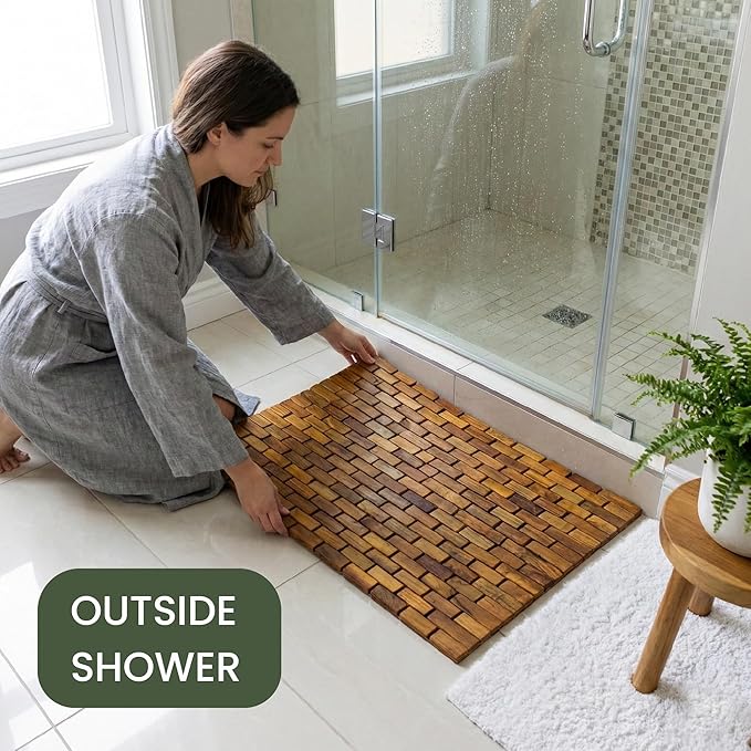 Teak Bath Mat & Shower Mat (24" x 16.5") | Wooden Flooring for Bathtub & Bathroom | Foldable & Non Slip Wood Bathmat