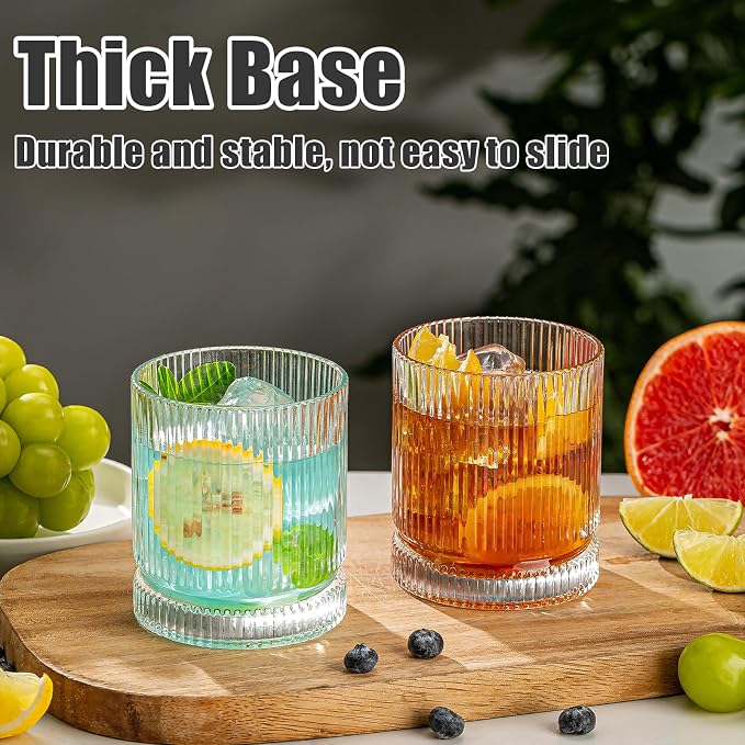 Drinking Glasses, Set of 8 Origami Style Glass Cups-4 Highball Glasses 15oz & 4 Rocks Glasses 12oz, Mojito Cups, Cocktail Glass, Elegant Ripple Vintage Glassware for Cocktail, Beer, Whiskey