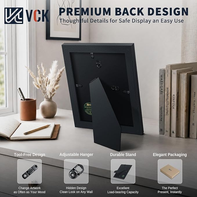 VCK 8x10 Picture Frames Black 3 Pack, Wide Border Solid Wood, Tempered Glass, Display 5x7 Photo with Mat or 8 x 10 without, for Home, Office, Gallery, Woodgrain Series, Tabletop & Wall Hanging
